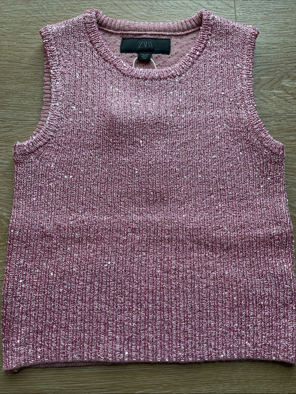 ZARA NWT Girls Rose Pink Metallic and Sequined Knit Sleeveless Top